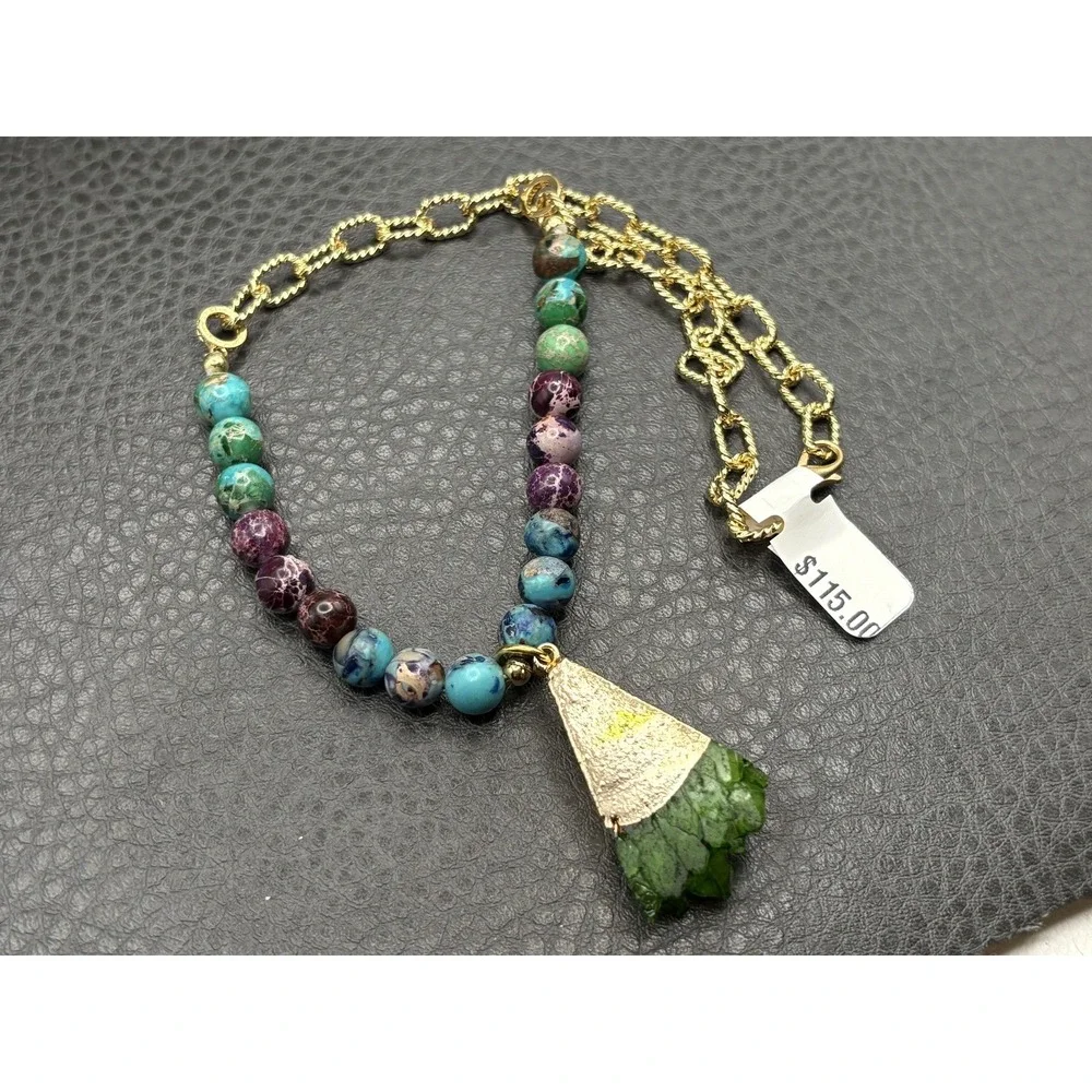 Love Lisa Gemstone Beaded Necklace Dyed Green Crystal Pendant Blue Purple 16